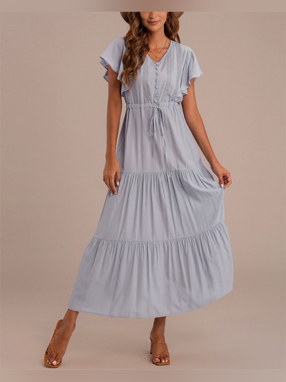 Petallush Light Gray Tiered Ruffle Sleeve Maxi Dress